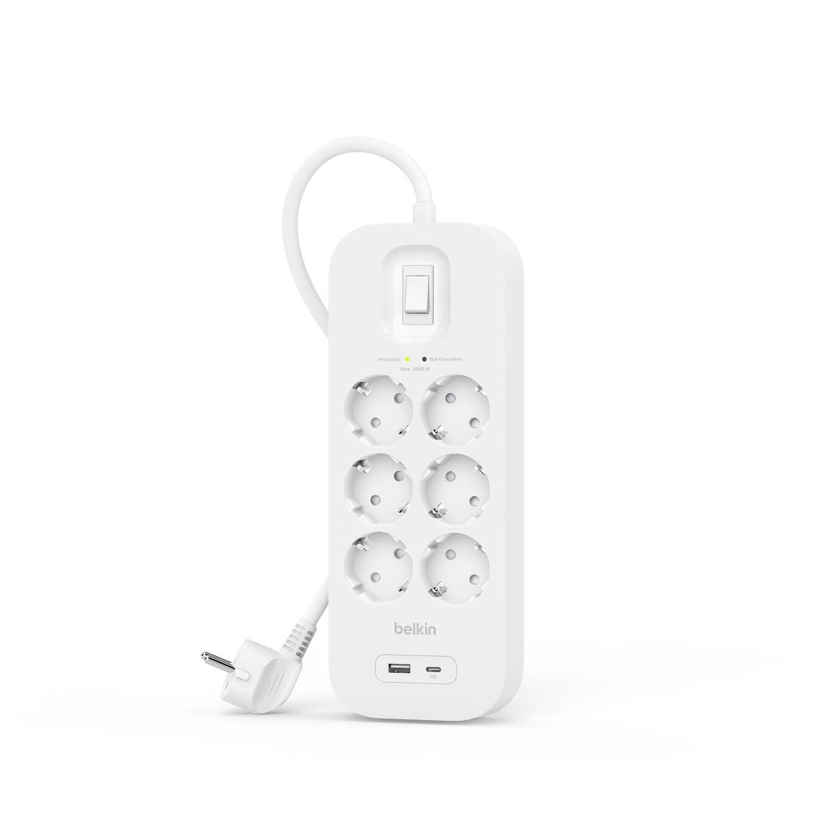 Belkin - Power Strip, 6-sockets + 1xUSB-A 1xUSB-C 650J, Schuko, 2m