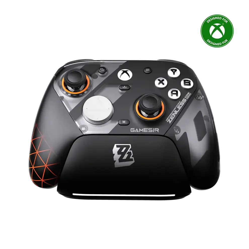 Czarny kontroler Xbox z pomarańczowymi akcentami, idealny do gier i komfortowego setupu