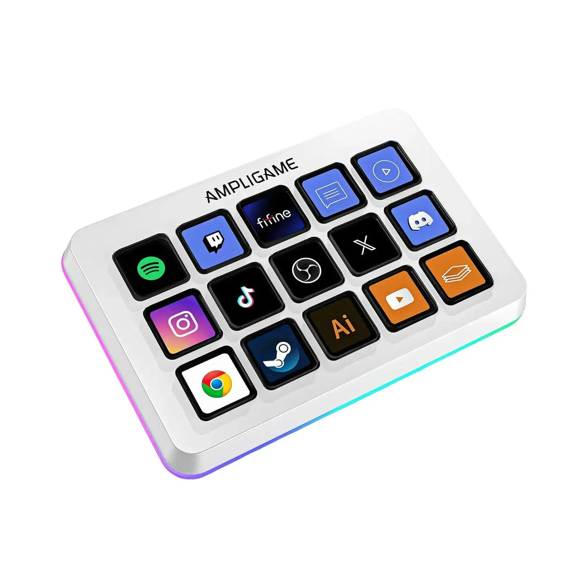 Biała klawiatura AMPLIGAME z kolorowymi przyciskami i RGB podświetleniem do efektywnego home office