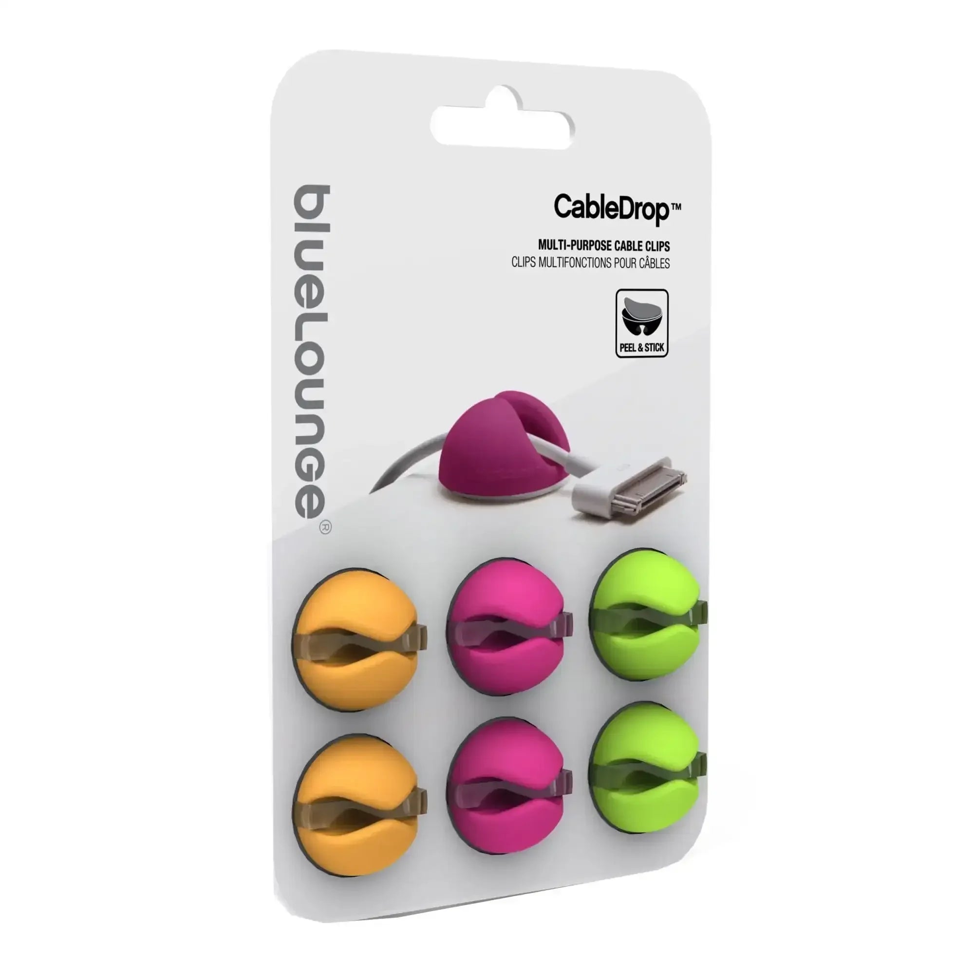 Kolorowe uchwyty na kable CableDrop na blistrze, organizacja kabli do biura