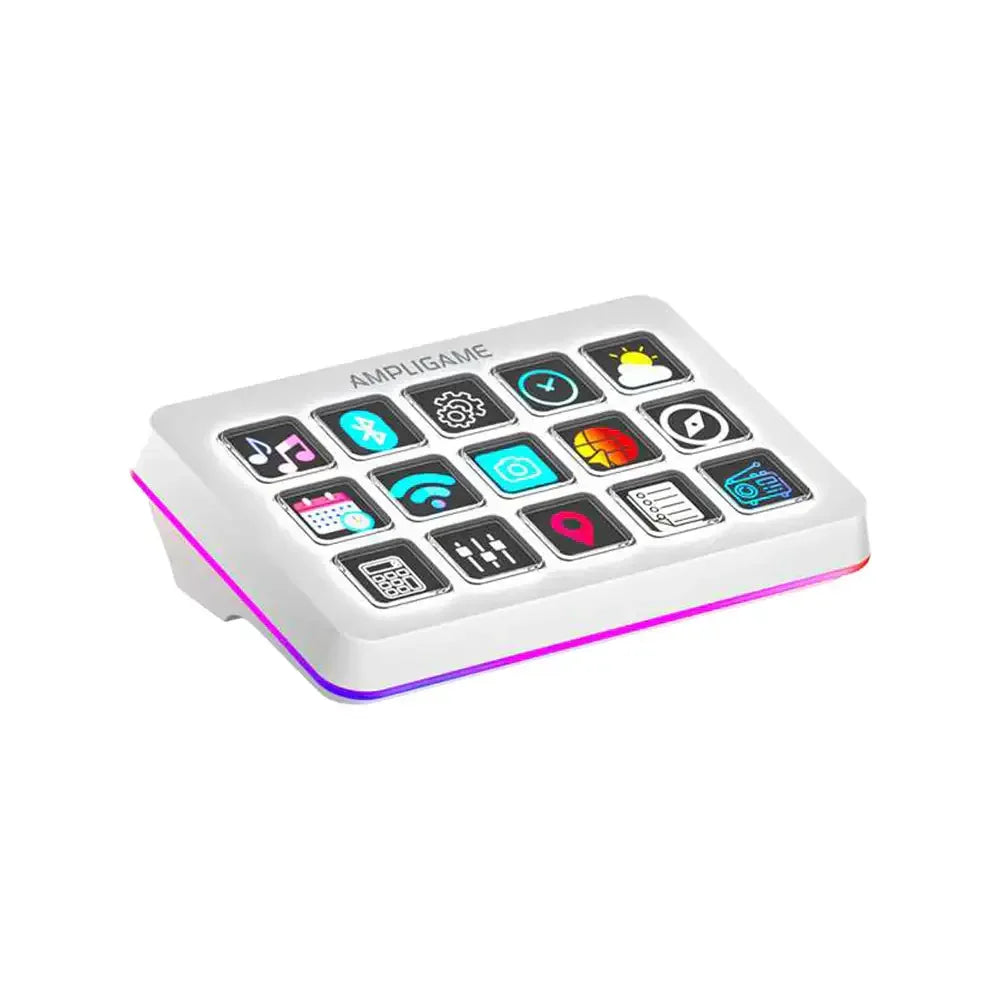 Biała klawiatura AMPLIGAME z kolorowymi ikonami i RGB podświetleniem, idealna do Home Office
