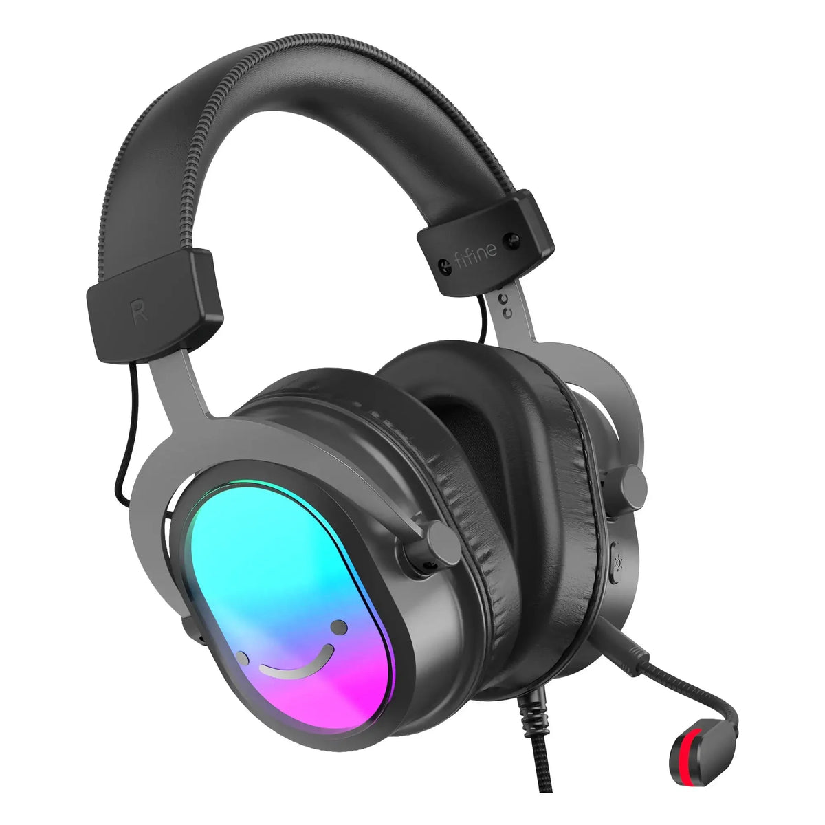 Czarne słuchawki gamingowe z RGB i uśmiechniętą ikoną, idealne do Home Office i desk setupu