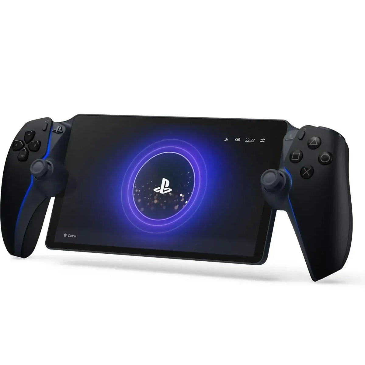 Czarny kontroler PlayStation z ekranem i niebieskim podświetleniem, idealny do gier i rozrywki