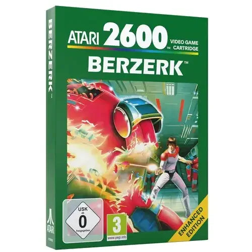Pudełko gry Berzerk dla Atari 2600, edycja rozszerzona, z klasyczną grafiką i oznaczeniami wiekowymi