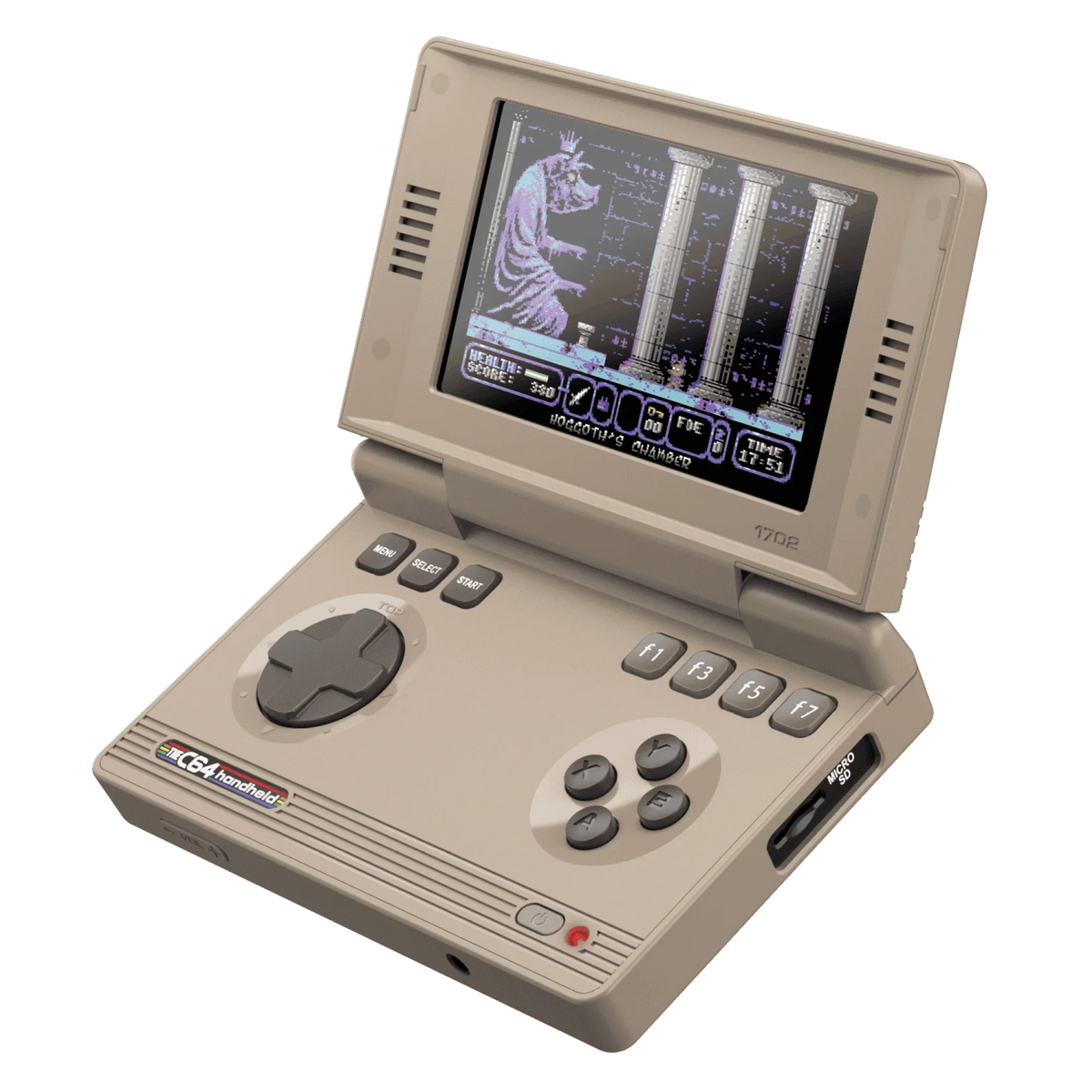 Beżowa konsola przenośna C64 Handheld z klawiszami i ekranem, gra w trybie retro