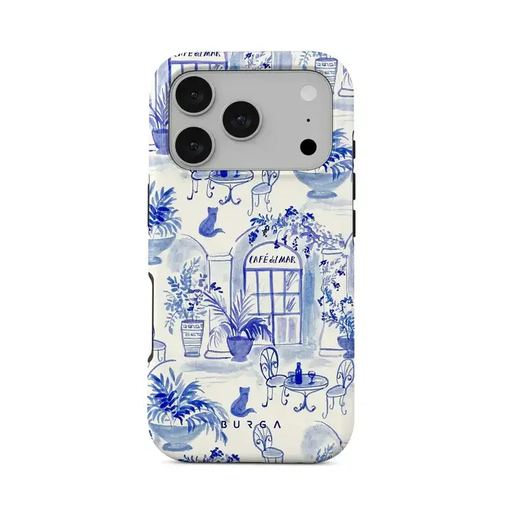 Elegancki etui na telefon z niebieskim wzorem kawiarni i roślin, idealne dla miłośników stylu