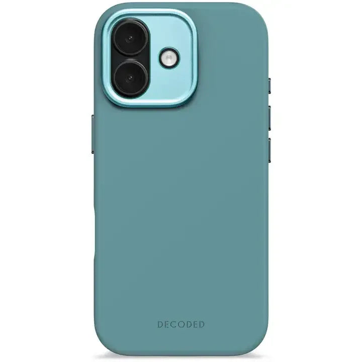 Niebieski etui na telefon z widocznym logo DECODED i otworami na aparat