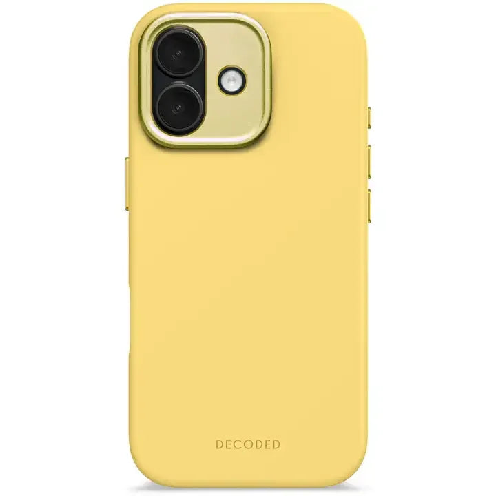 Żółte etui na telefon z widocznym logo DECODED, idealne do stylowego home office