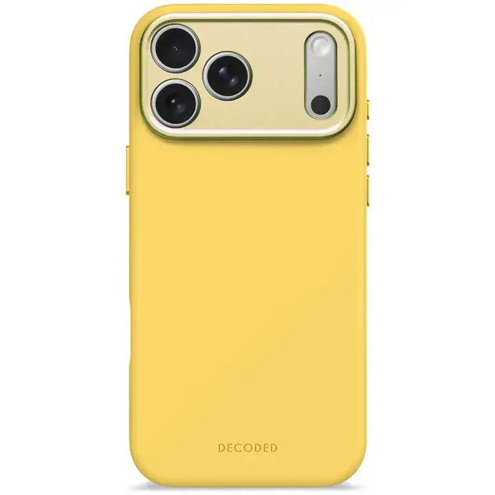 Żółty etui na telefon z widocznym logo DECODED, idealne do personalizacji i ochrony urządzenia.