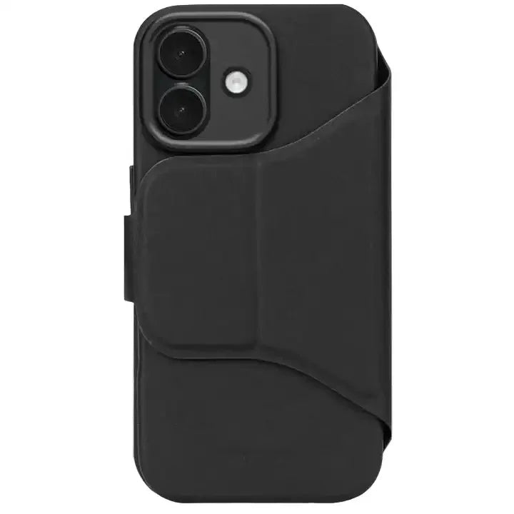Czarny etui na telefon z kieszenią na karty, idealne do home office i biurka
