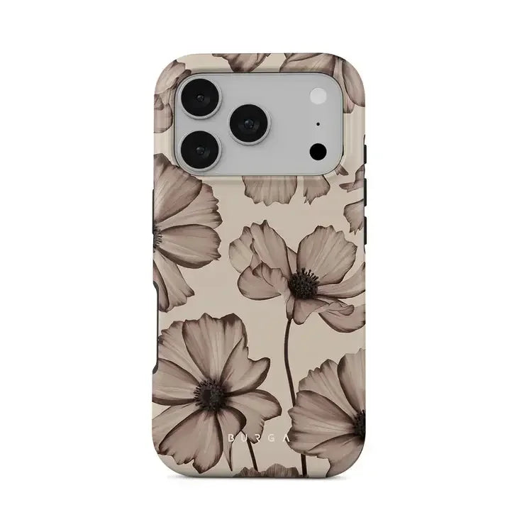 Elegancki etui na telefon z kwiatowym wzorem w odcieniach beżu i szarości, idealne do stylowego home office