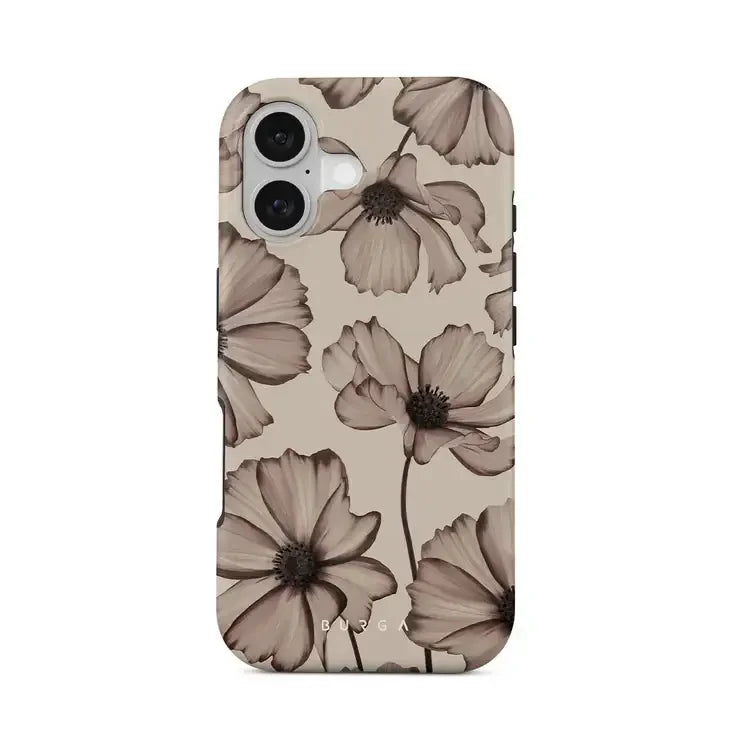 Elegancki etui na telefon z kwiatowym wzorem w beżowych odcieniach, idealne do stylowego home office
