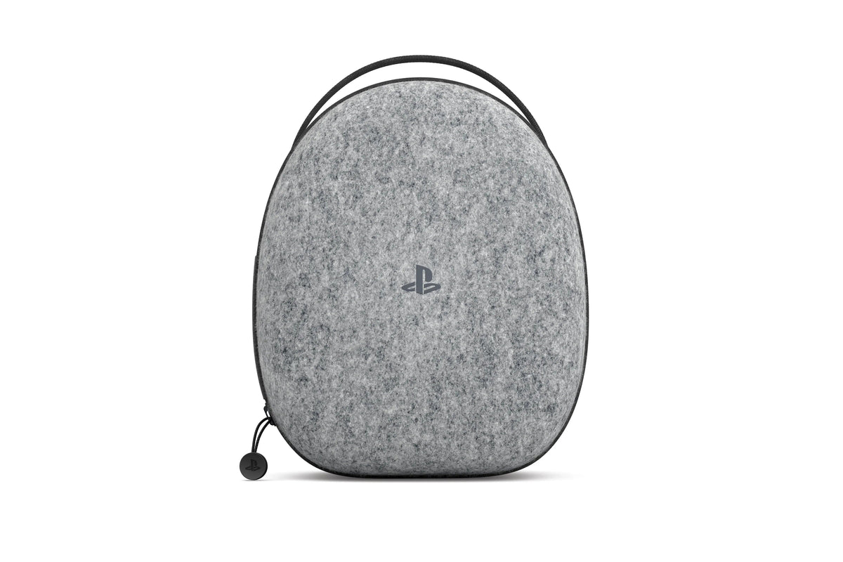 Szara etui na słuchawki PlayStation z logo PS, idealne do przenoszenia i przechowywania akcesoriów gamingowych.