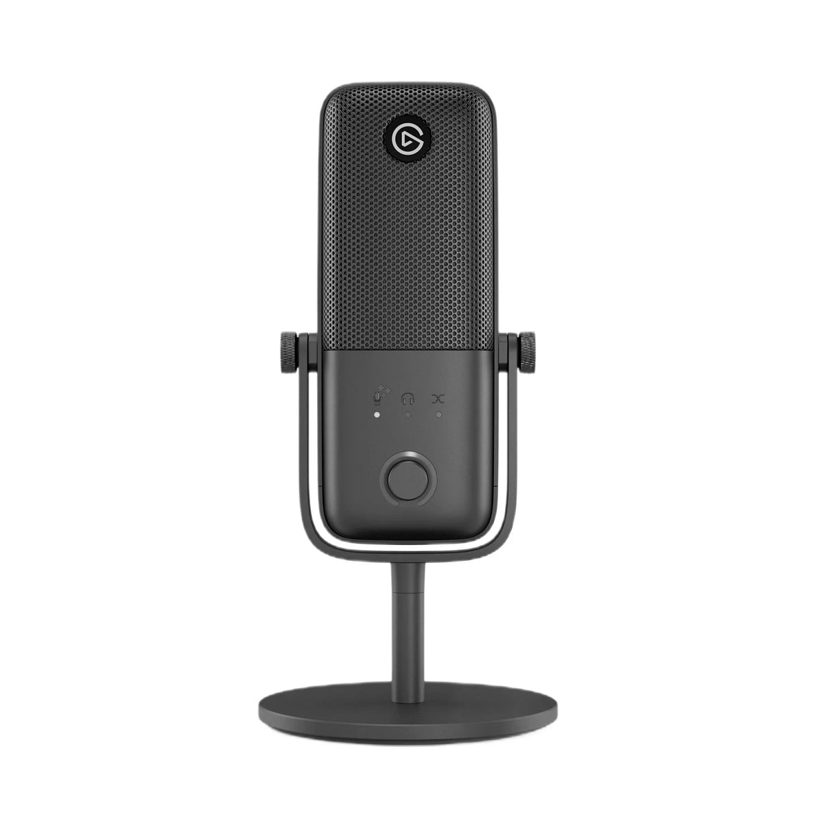 Czarny mikrofon USB z podstawą, idealny do home office i streamingu, z przyciskami sterowania na korpusie.