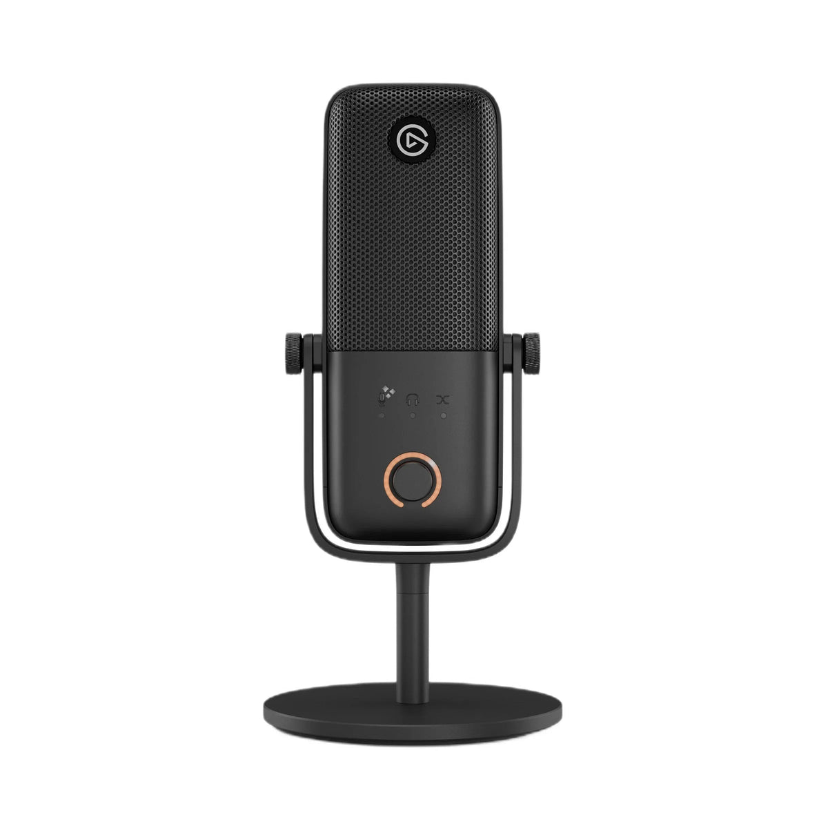 Czarny mikrofon USB z podstawą, idealny do Home Office i streamingu, z przyciskami sterowania i logo na siatce.