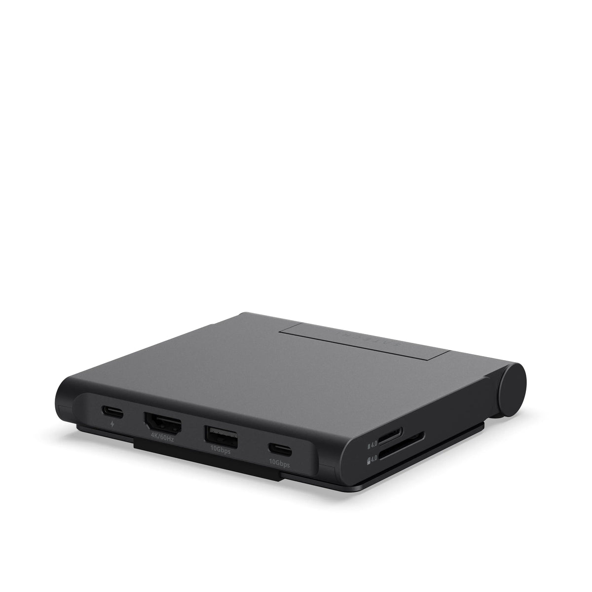 Czarny hub USB-C z portami HDMI 4K, USB 10Gbps i czytnikiem kart SD, idealny do Home Office