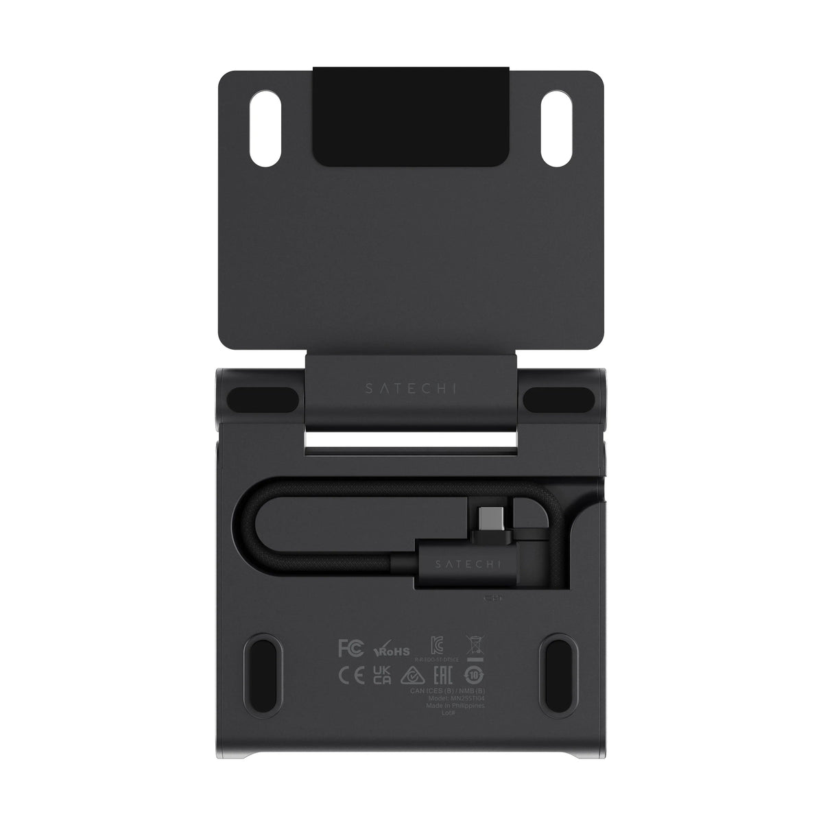 Czarny stojak Satechi do monitora z wbudowanym kablem USB-C, idealny dla home office i desk setupu