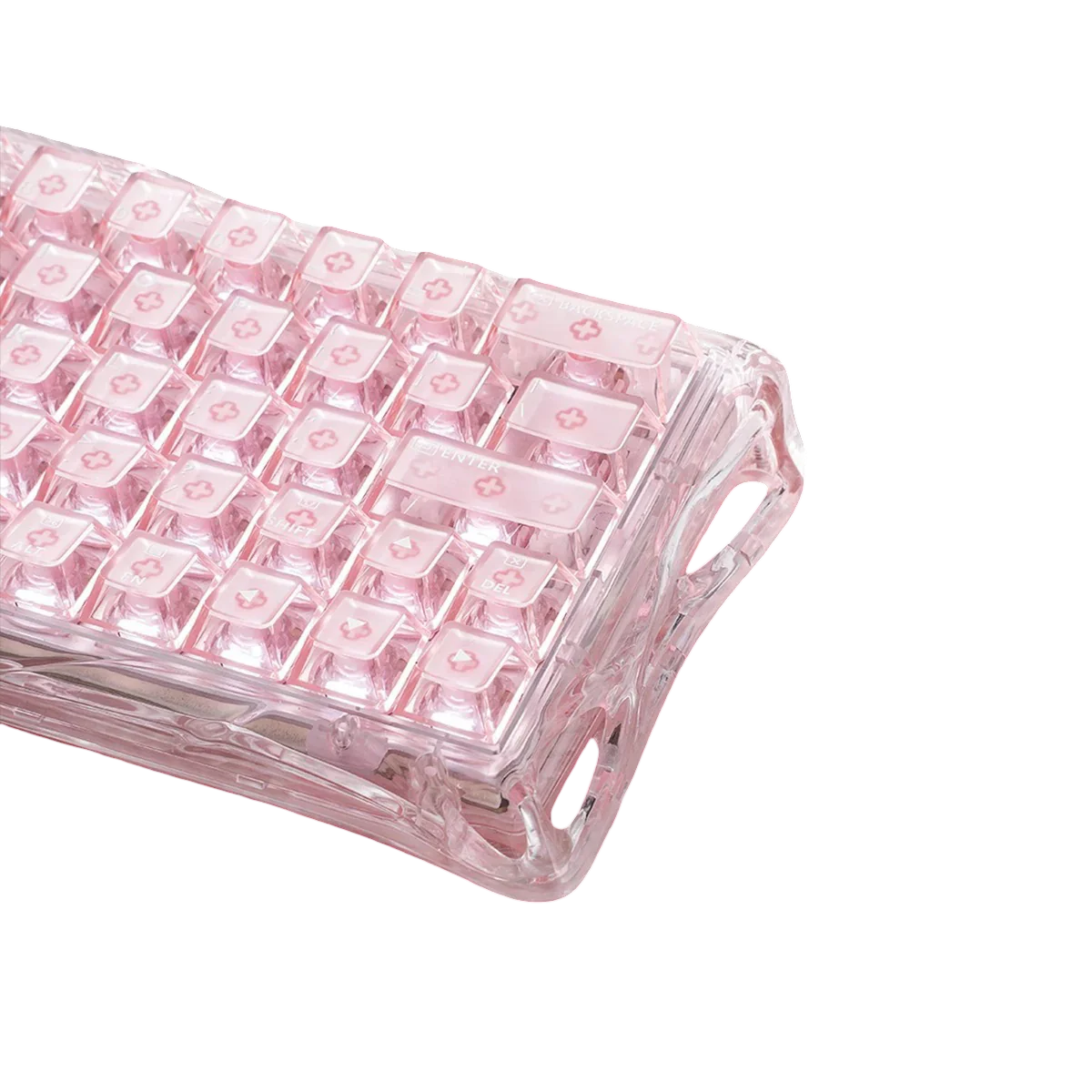 Różowa przezroczysta klawiatura mechaniczna z personalizowanymi keycapami, idealna do home office
