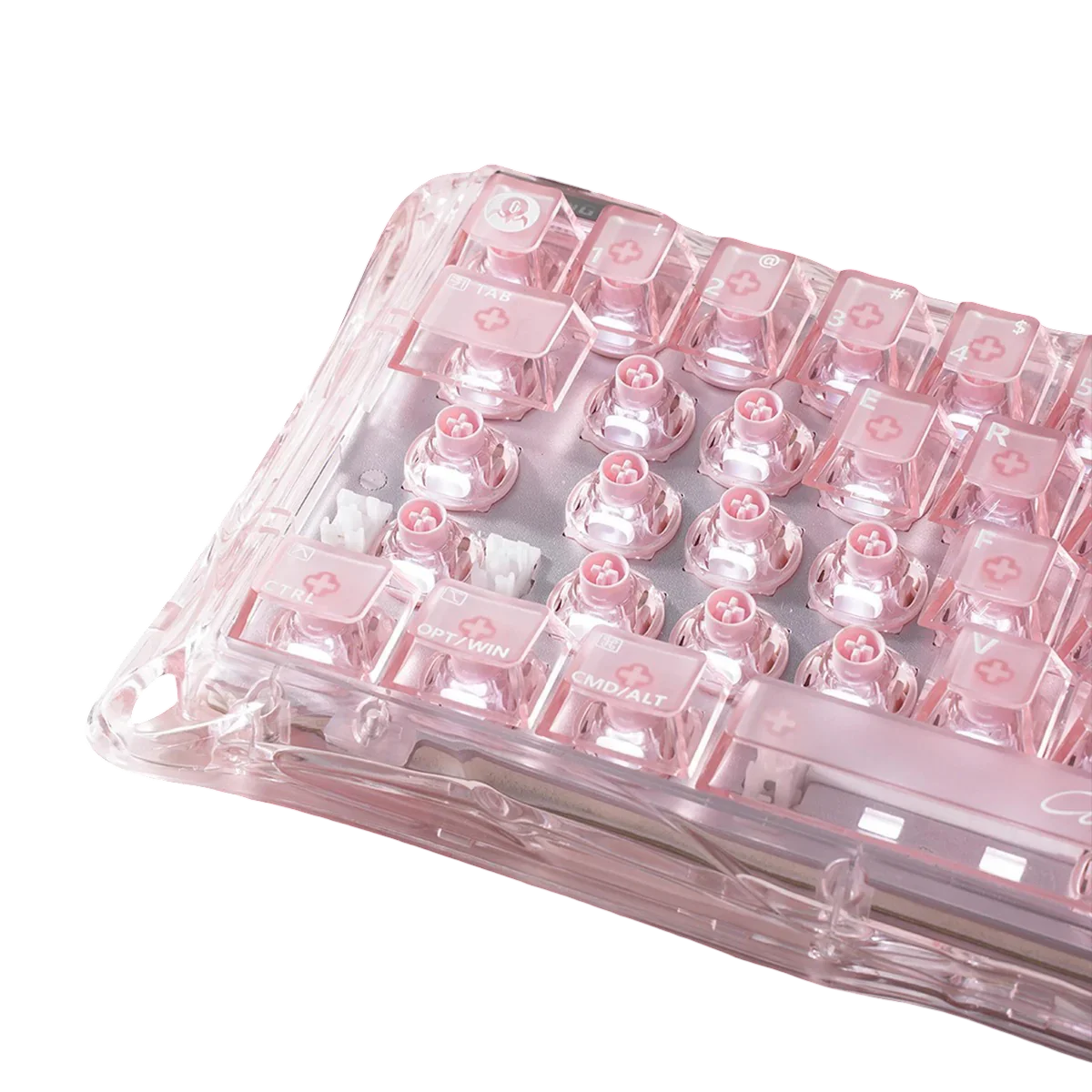Różowa klawiatura mechaniczna z przezroczystym obudowaniem i personalizowanymi keycapami do Home Office