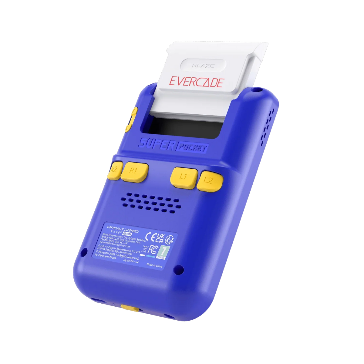 Niebieski konsolowy gier Evercade Super Pocket z żółtymi przyciskami i ekranem, idealny dla fanów retro gamingu