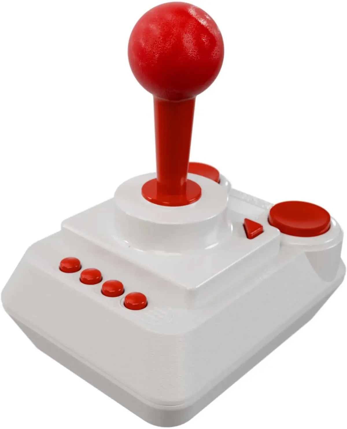 Biało-czerwony joystick retro z czerwonymi przyciskami i dżojstikiem, idealny do gier i dekoracji biura