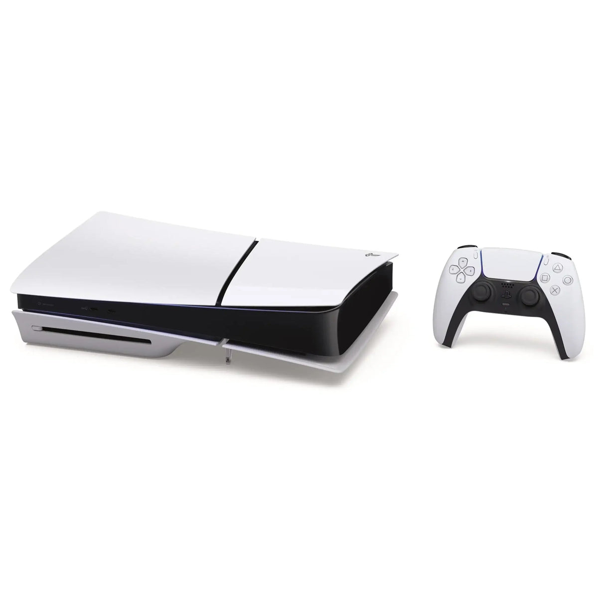 Biała konsola PlayStation 5 z kontrolerem DualSense na białym tle