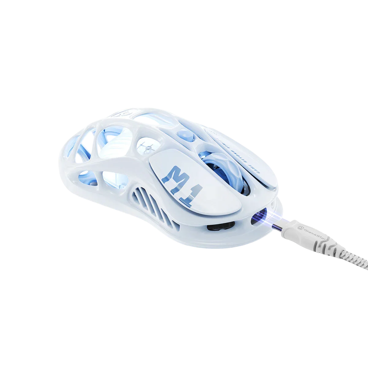 Biała mysz gamingowa M1 z niebieskim podświetleniem, ergonomiczny design, idealna do setupu biurowego