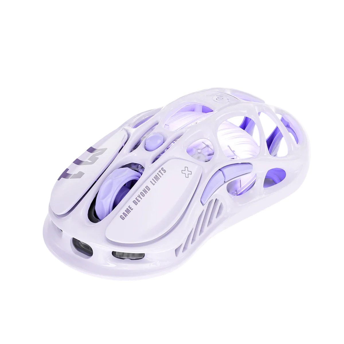 Biała mysz gamingowa z fioletowym podświetleniem RGB, ergonomiczny design, idealna do gier i pracy