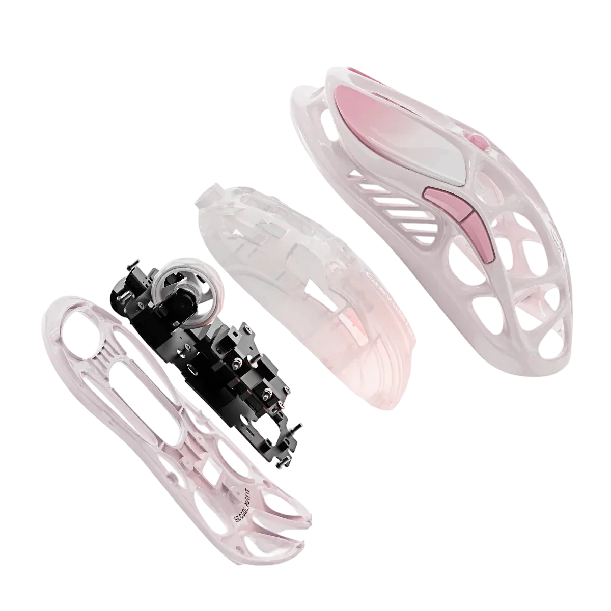 Różowa ergonomiczna klawiatura mechaniczna z przezroczystą obudową i personalizowanymi keycapami