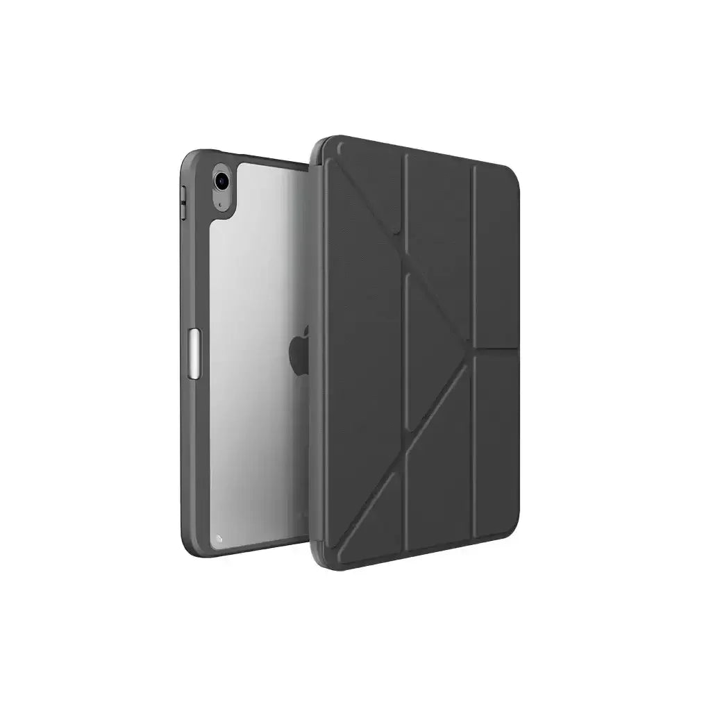 Szare etui ochronne na iPad Air 5. generacji z przezroczystym tyłem i składanym przodem