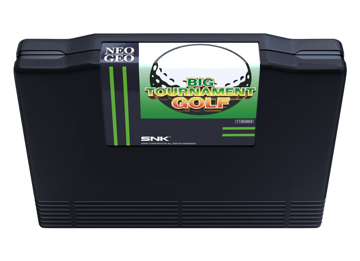 Kartka gry Neo Geo Big Tournament Golf, klasyczna gra SNK w czarnym obudowie z zielonymi akcentami