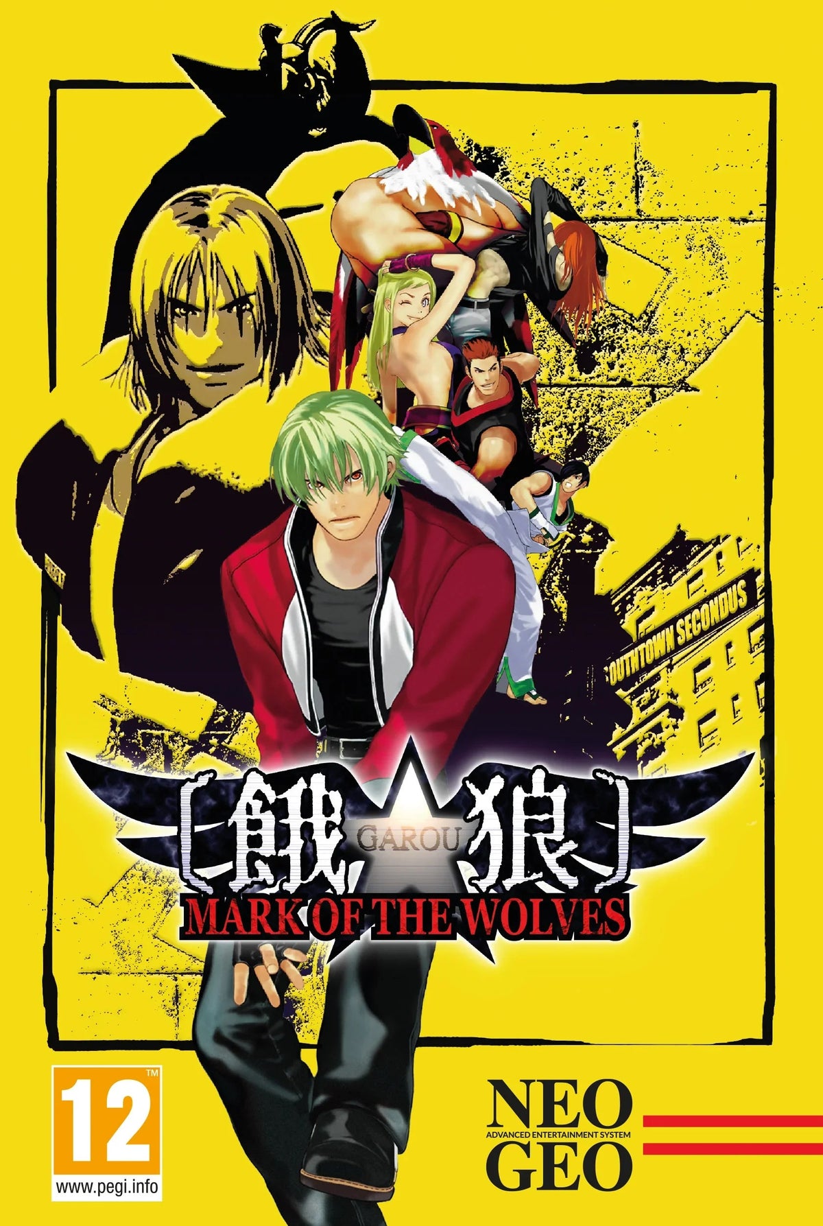 Okładka gry Garou: Mark of the Wolves na Neo Geo, postacie walki, żółte tło, PEGI 12