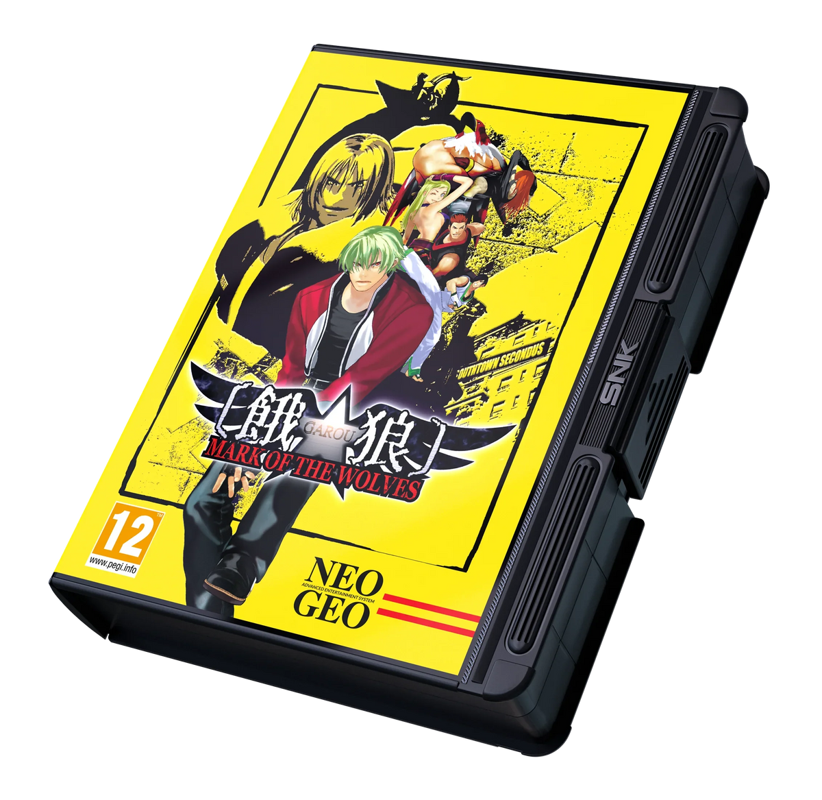 Karta gry Neo Geo Garou: Mark of the Wolves z żółtą okładką i postaciami anime, PEGI 12
