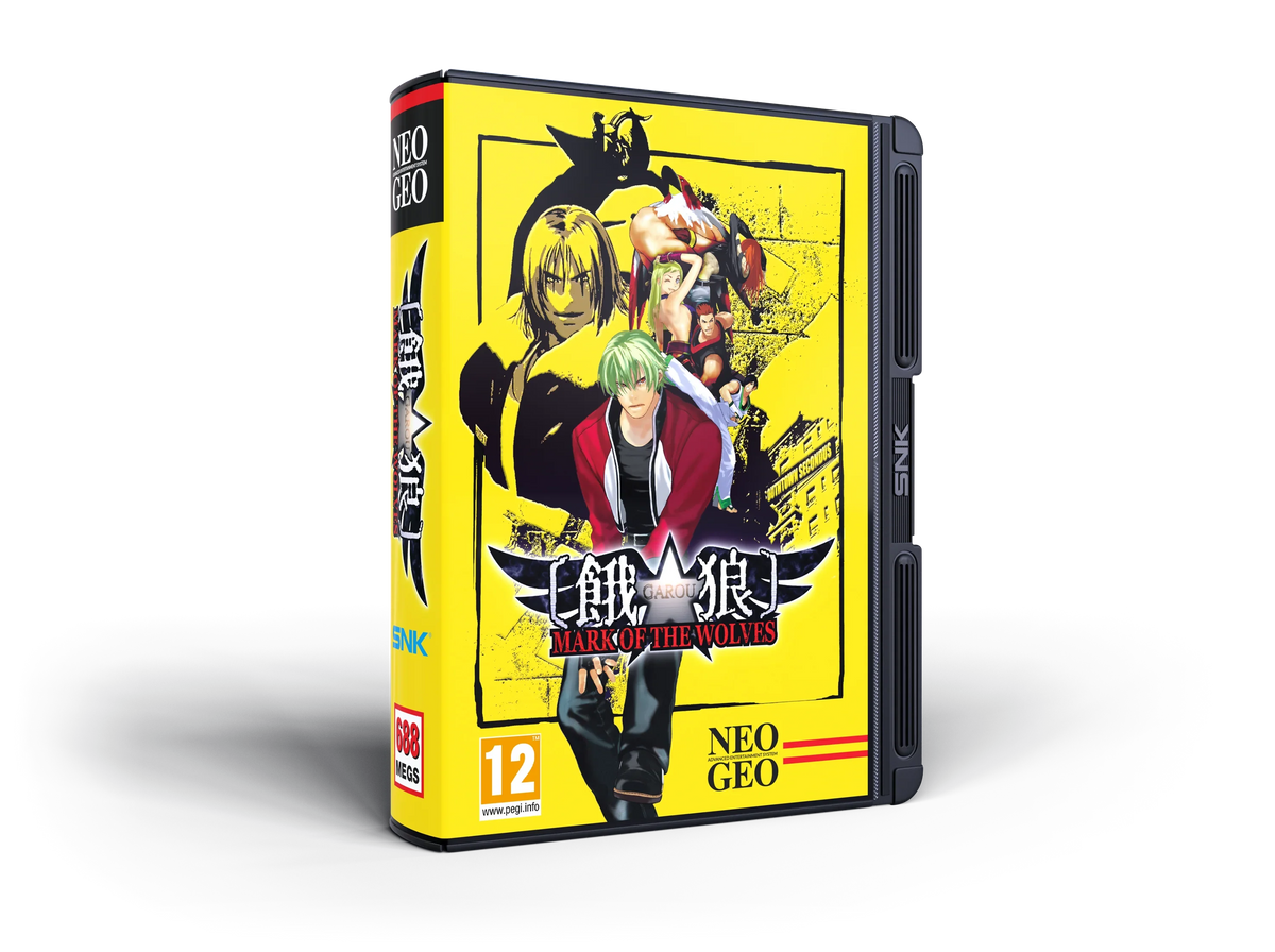 Pudełko gry Garou: Mark of the Wolves na Neo Geo, żółte z postaciami, logo SNK i oznaczeniem PEGI 12