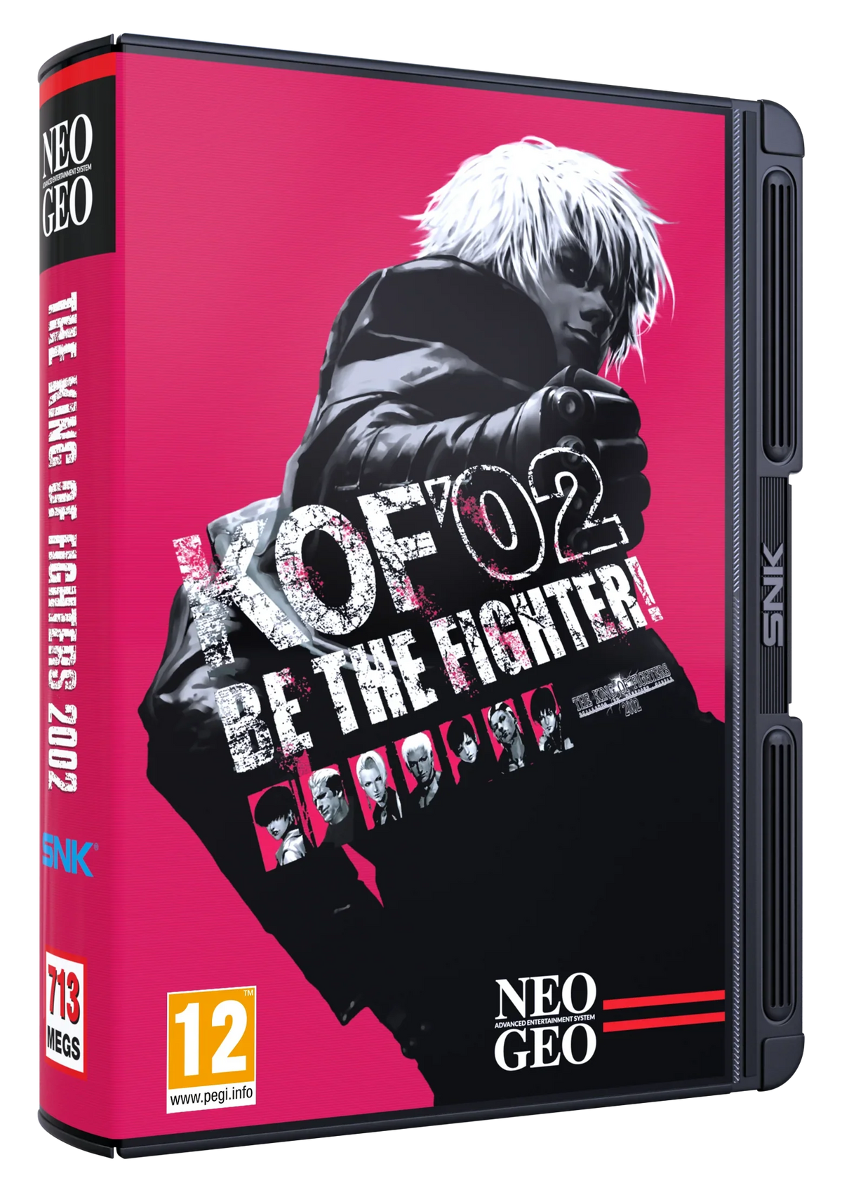 Pudełko gry The King of Fighters 2002 na NEO GEO, z postacią i logo SNK, idealne dla fanów retro gamingu.