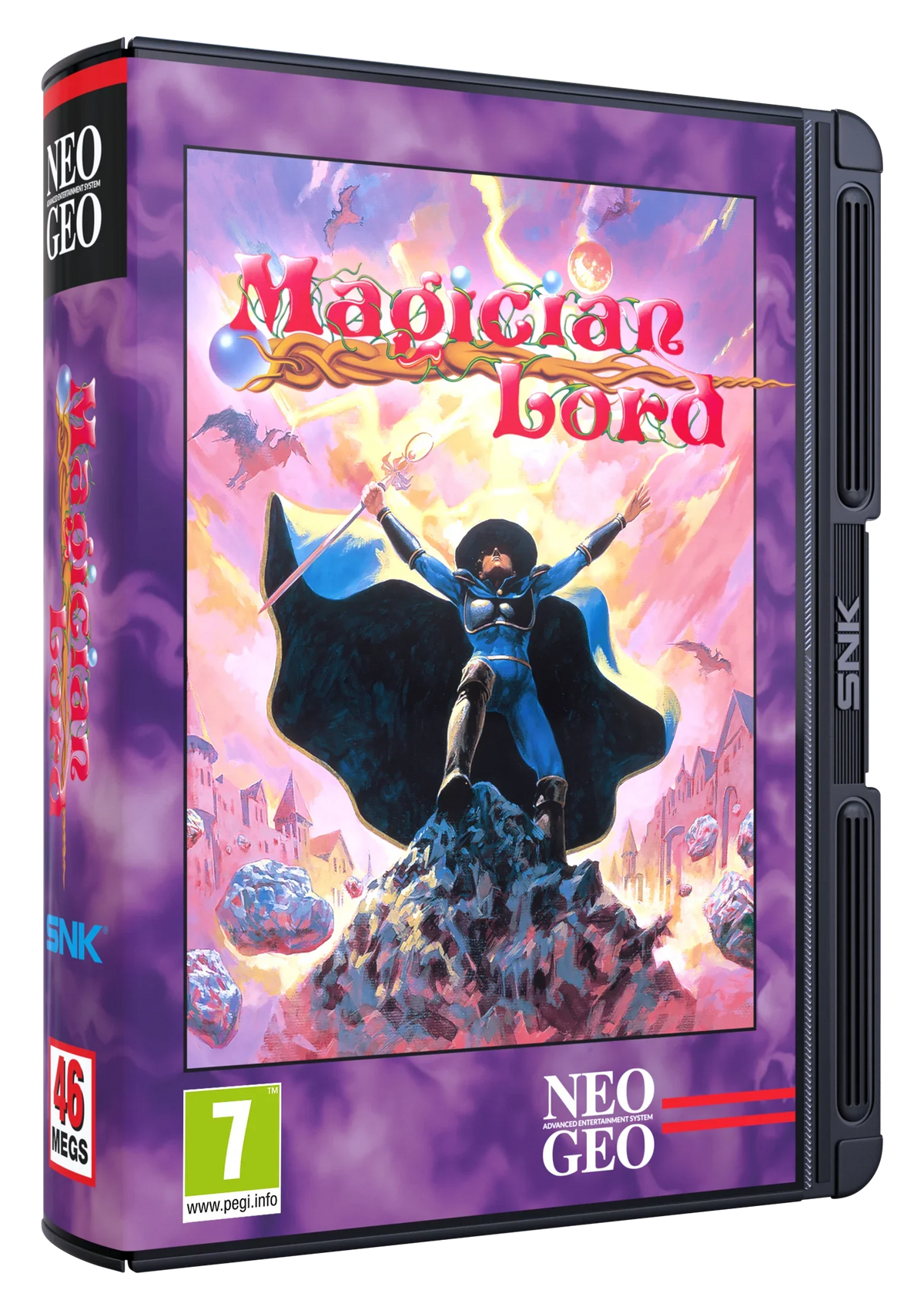 Pudełko gry Magician Lord na NEO GEO, klasyczna gra SNK z postacią maga na okładce, 46 MEGS, PEGI 7