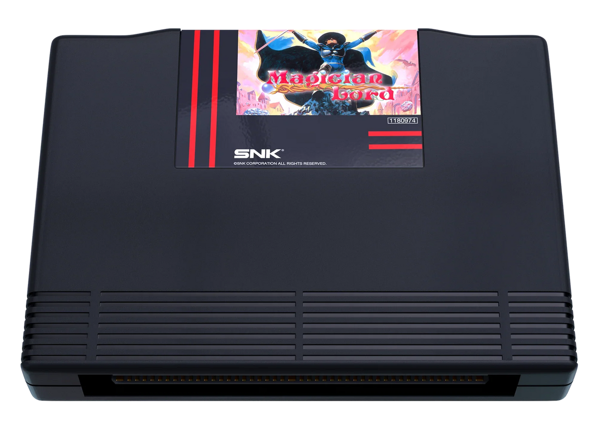Czarna konsola SNK z grą Magician Lord, idealna dla fanów retro gamingu i kolekcjonerów.