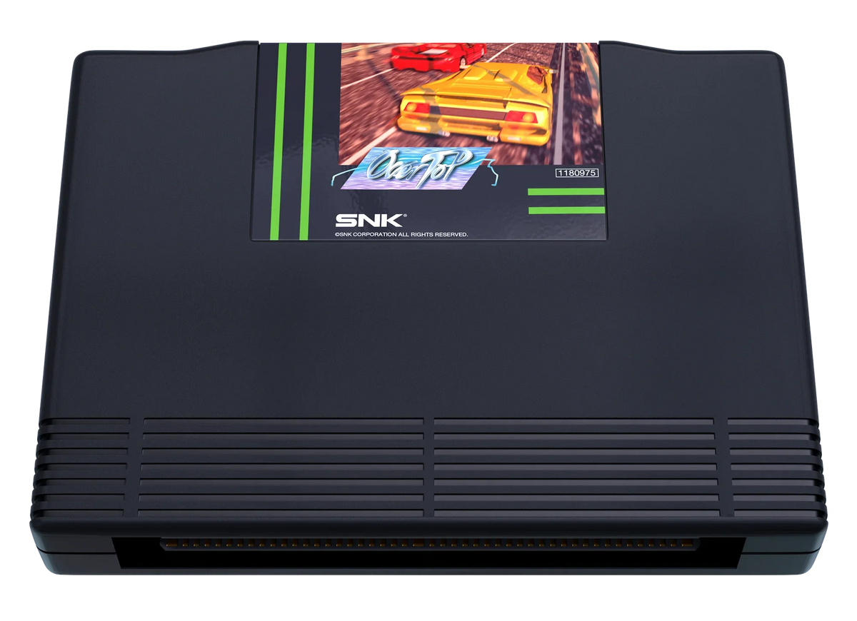 Czarna konsola SNK z grą OverTop, idealna do retro gamingu w domowym biurze