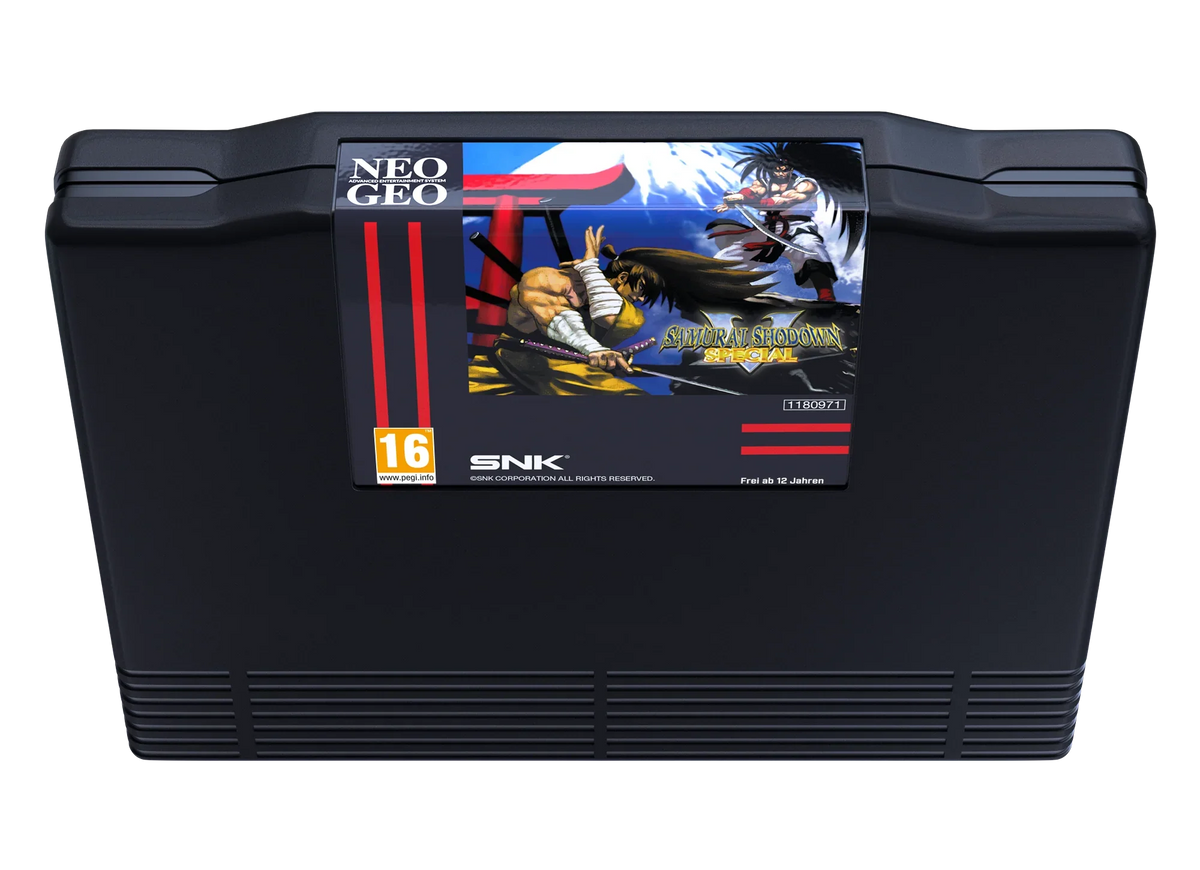 Kaseta gry Neo Geo Samurai Shodown Special, czarna, z ilustracją bohaterów i logo SNK, PEGI 16