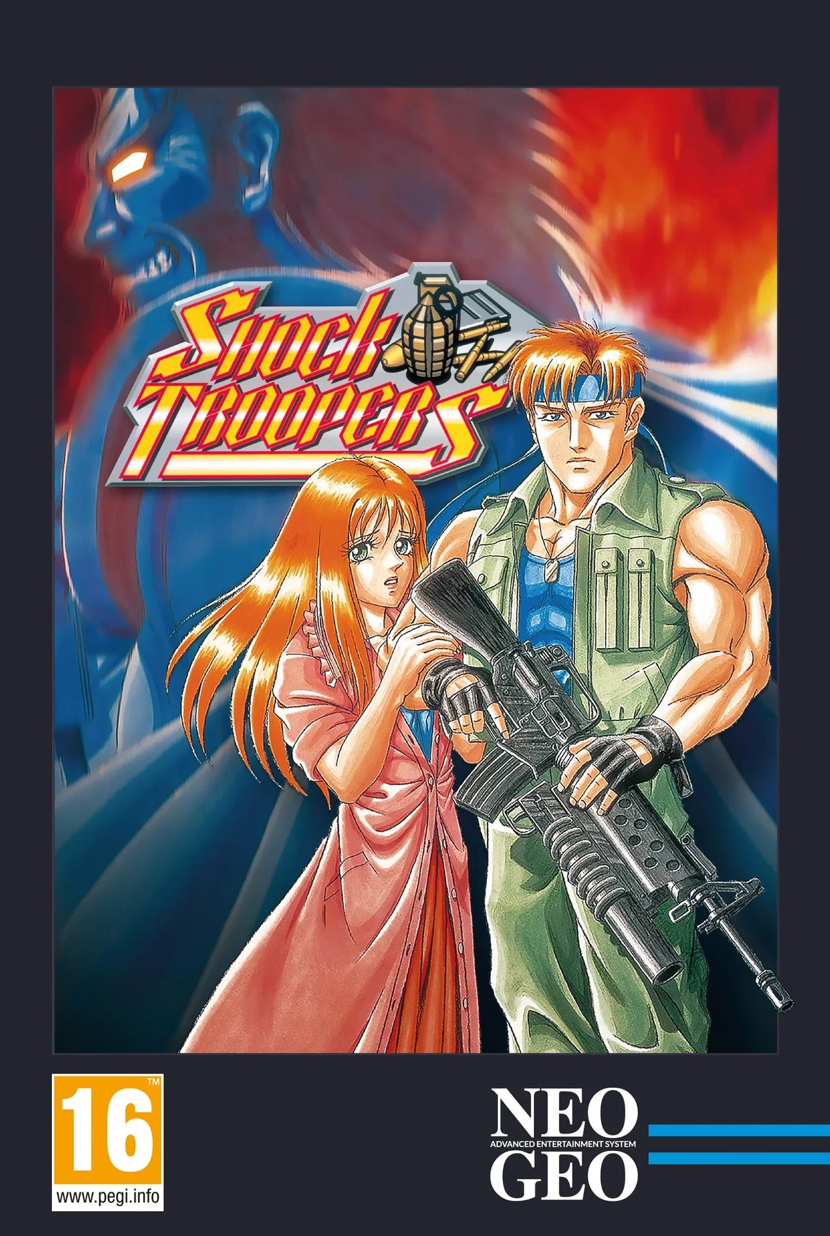 Shock Troopers – gra Neo Geo z bohaterem w mundurze i bronią, obok dziewczyny, PEGI 16