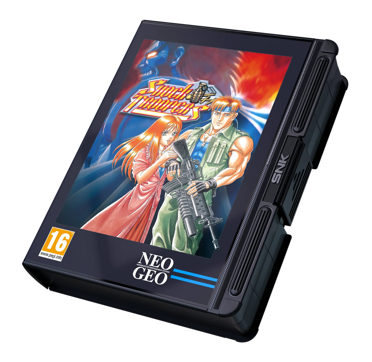 Karta gry Neo Geo Shock Troopers z logo SNK, idealna dla fanów klasycznych arcade'ów i retro gamingu.