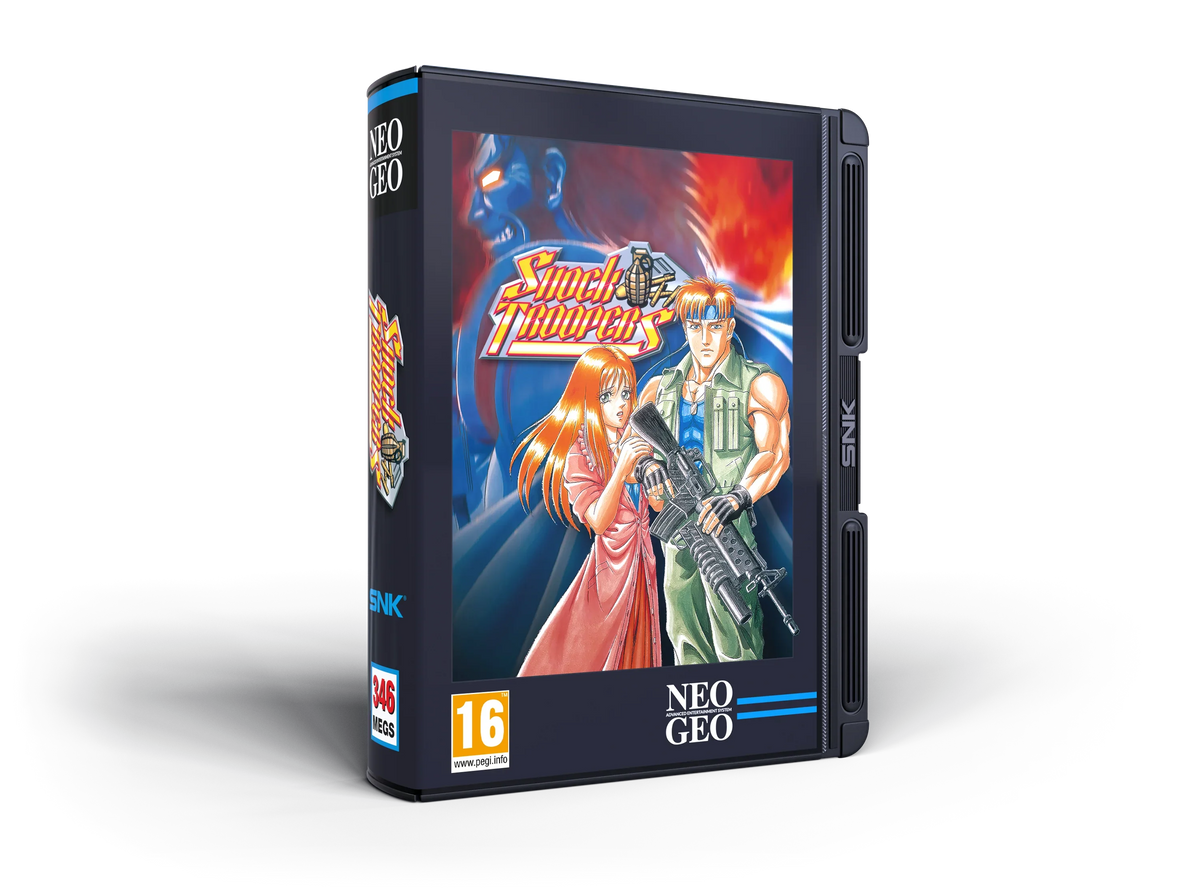 Pudełko gry Shock Troopers na NEO GEO, klasyczna gra akcji z postaciami i logo SNK, 346 MB, wiek 16+