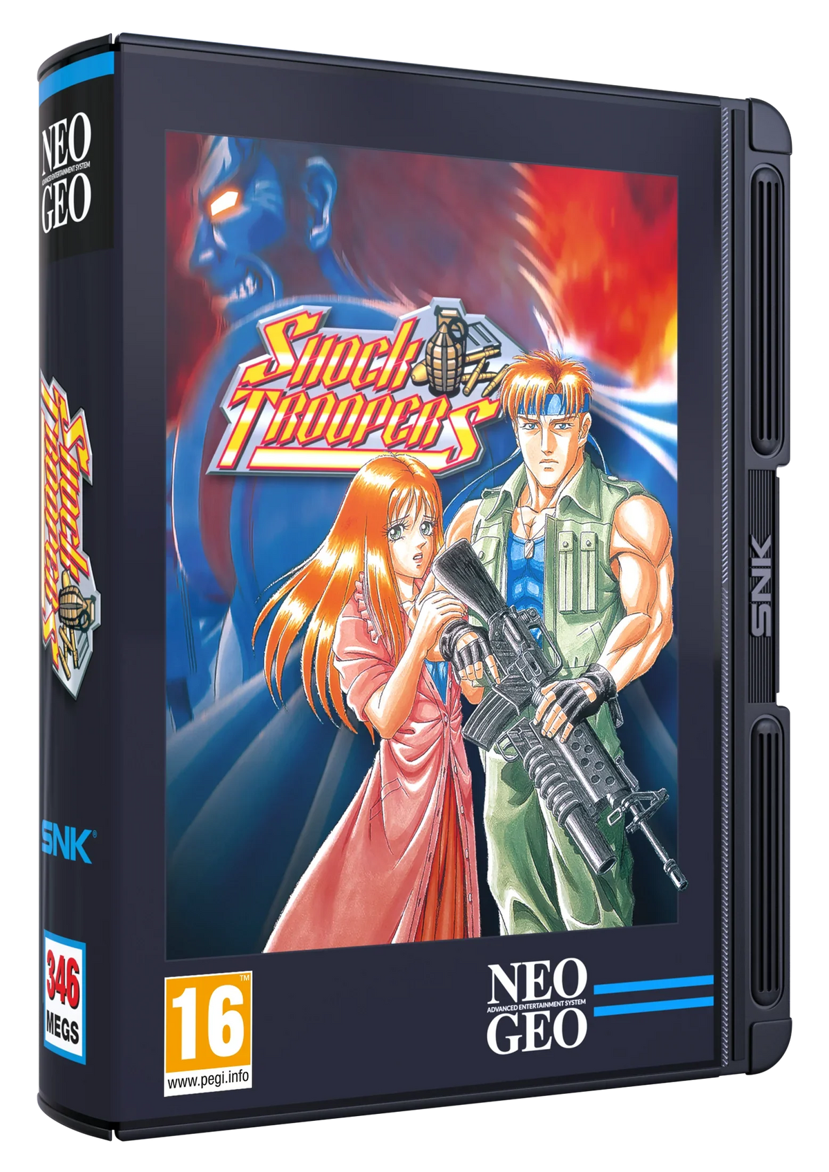 Pudełko gry Shock Troopers dla NEO GEO, klasyczna gra akcji z postaciami i logo SNK, PEGI 16