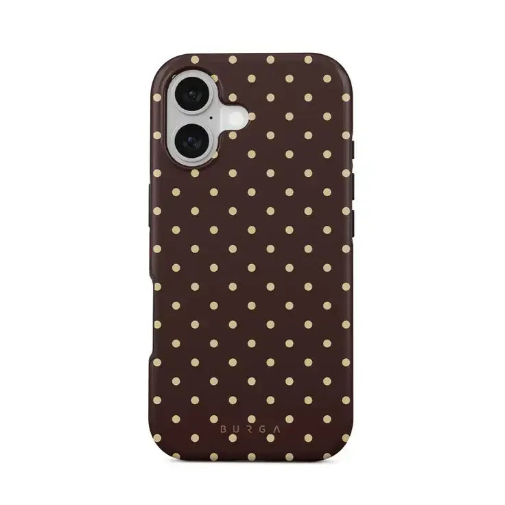 Etui na telefon z kropkami w kolorze brązowym, idealne do stylowego desk setupu i home office
