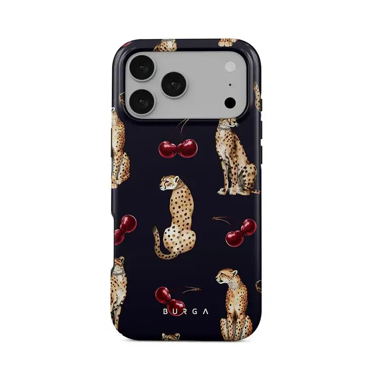 Etui na telefon z wzorem gepardów i wiśni, stylowy akcesorium do smartfona
