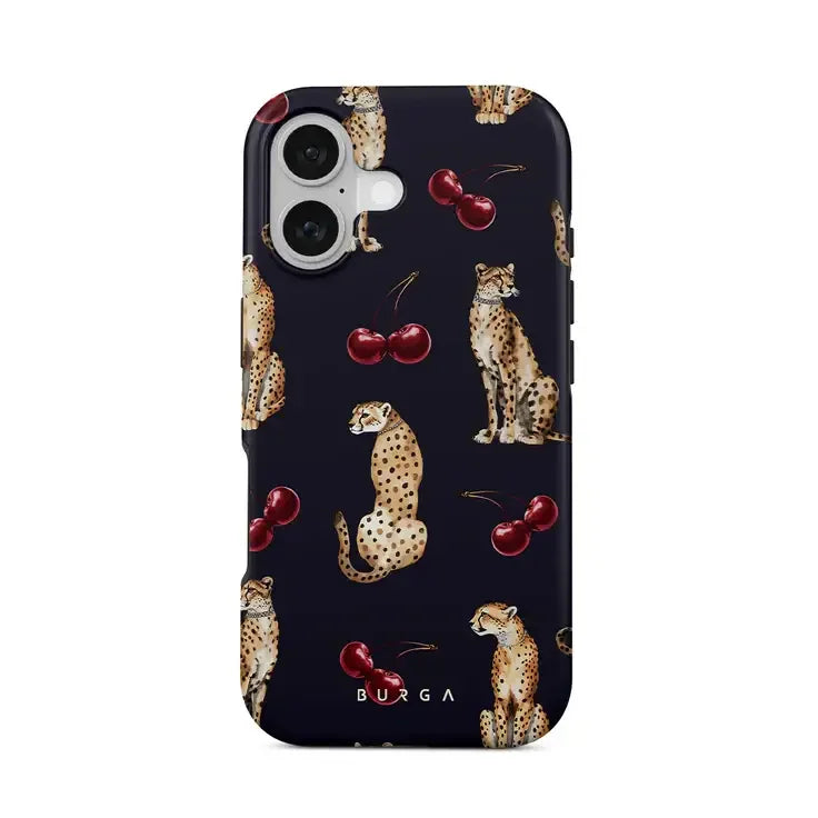 Etui na telefon z wzorem gepardów i wiśni, stylowy akcesorium do telefonu