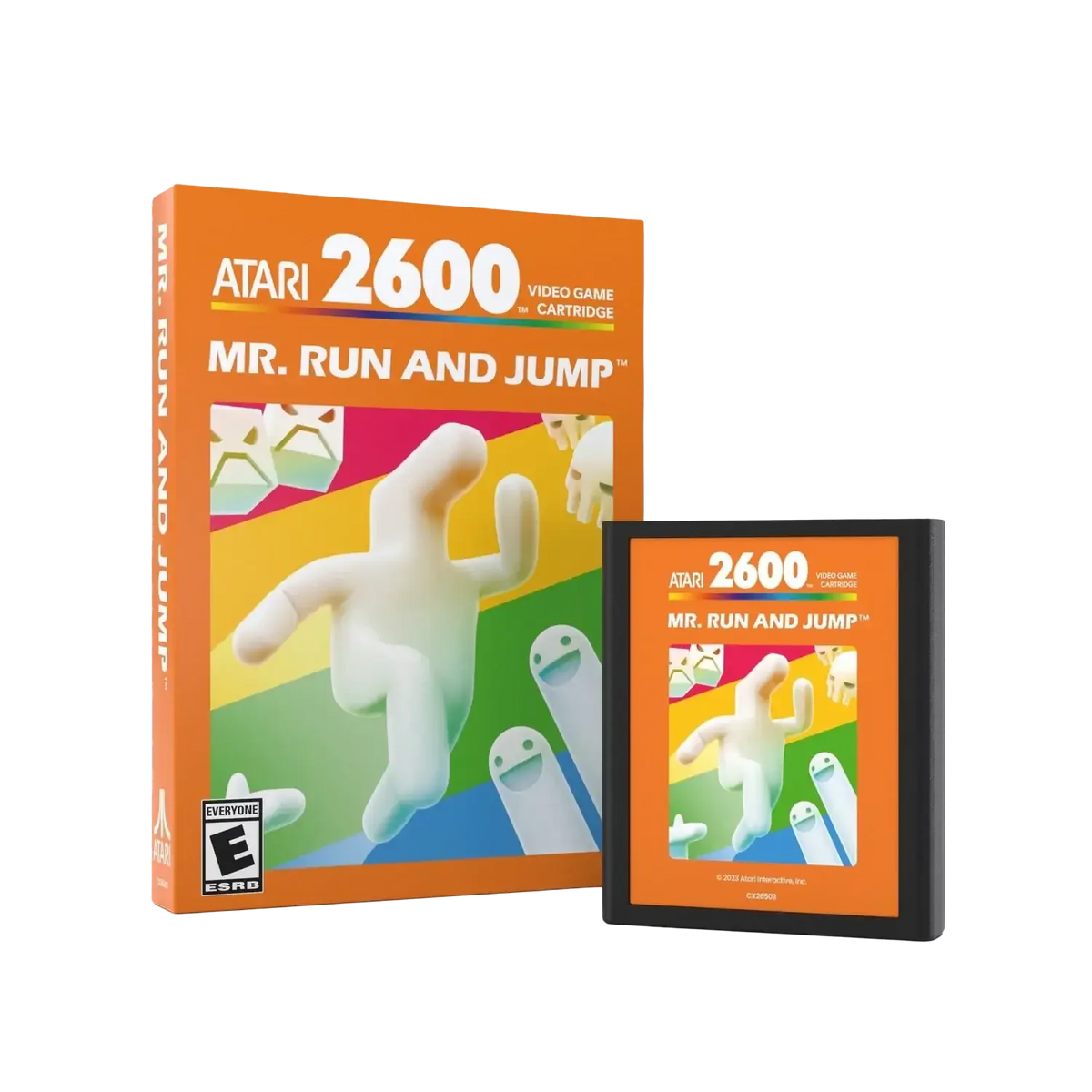 Kartka gry Atari 2600 Mr. Run and Jump z kolorowym opakowaniem i kasetą