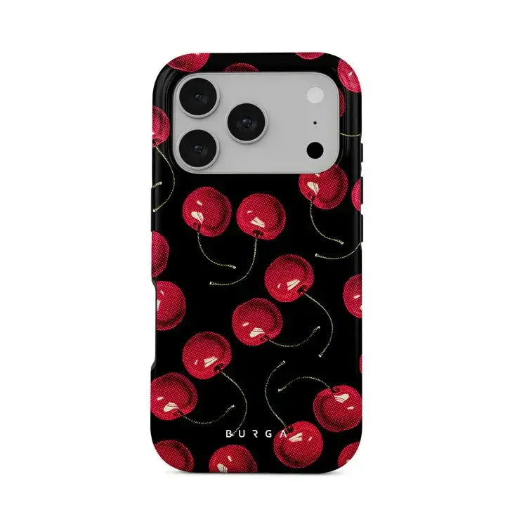 Czarny etui na telefon z czerwonymi wiśniami, idealne do stylowego desk setupu i home office