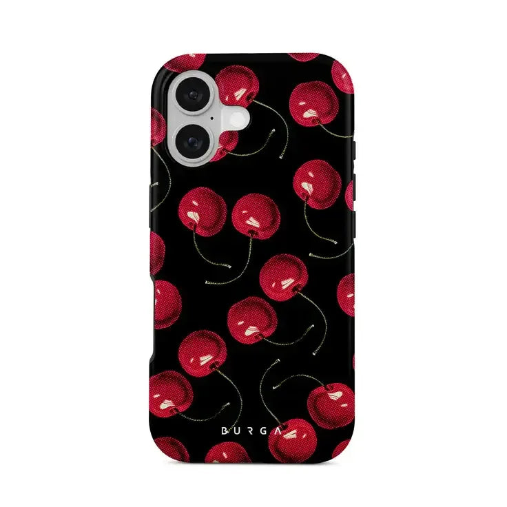 Czarny etui na telefon z czerwonymi wiśniami, idealne do stylowego desk setupu i home office