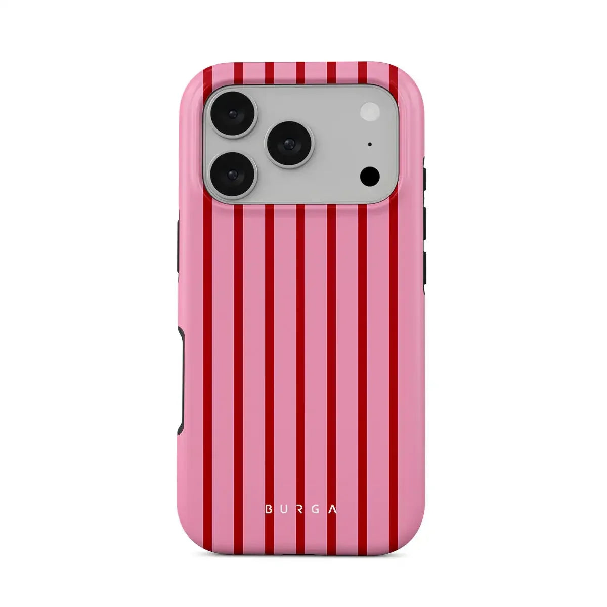 Różowy etui z czerwonymi pionowymi paskami na telefon, marka BURGA